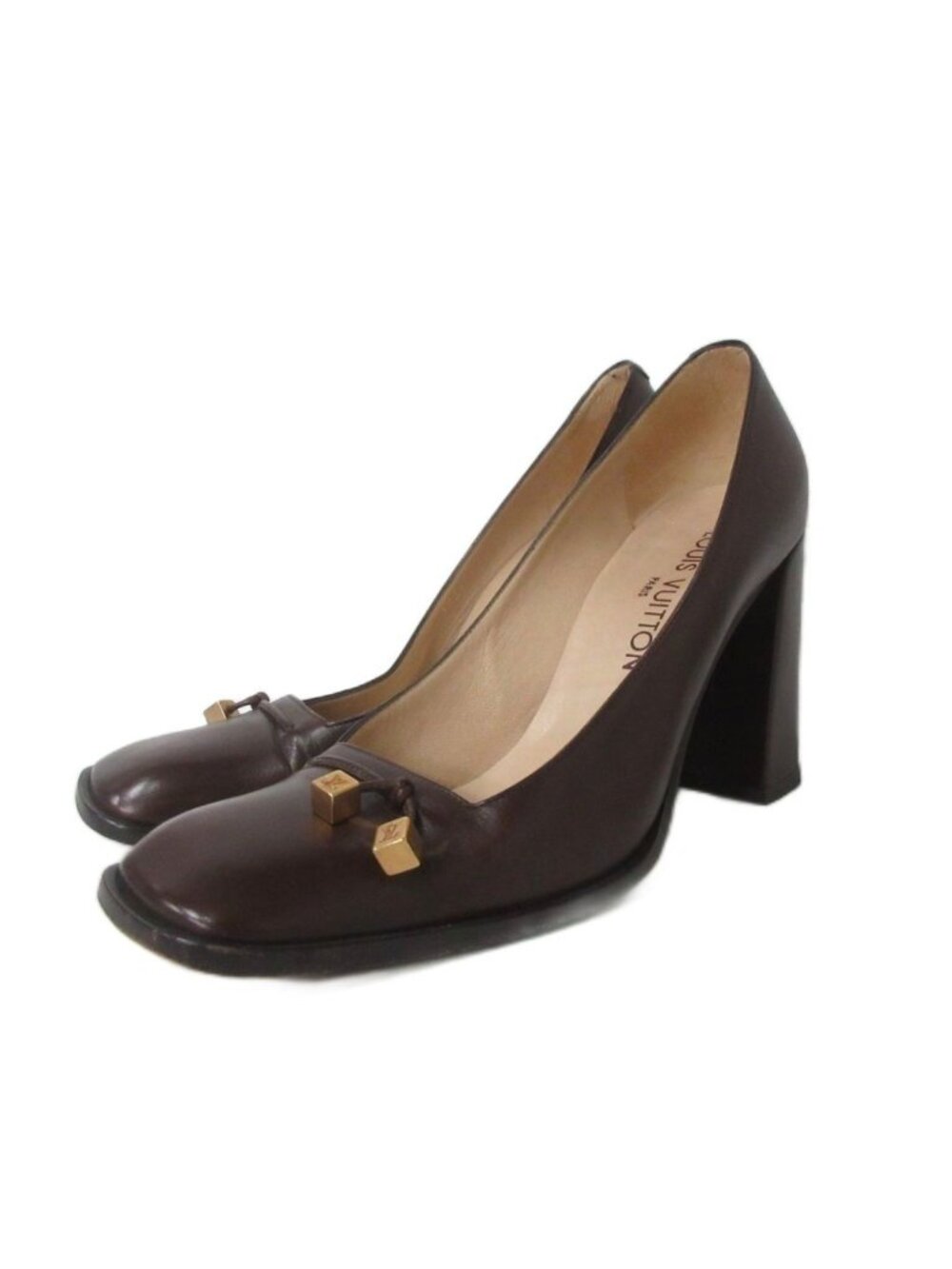 Louis Vuitton Pumps Shoes Logo Strap Square Toe Chunky Heel Brown